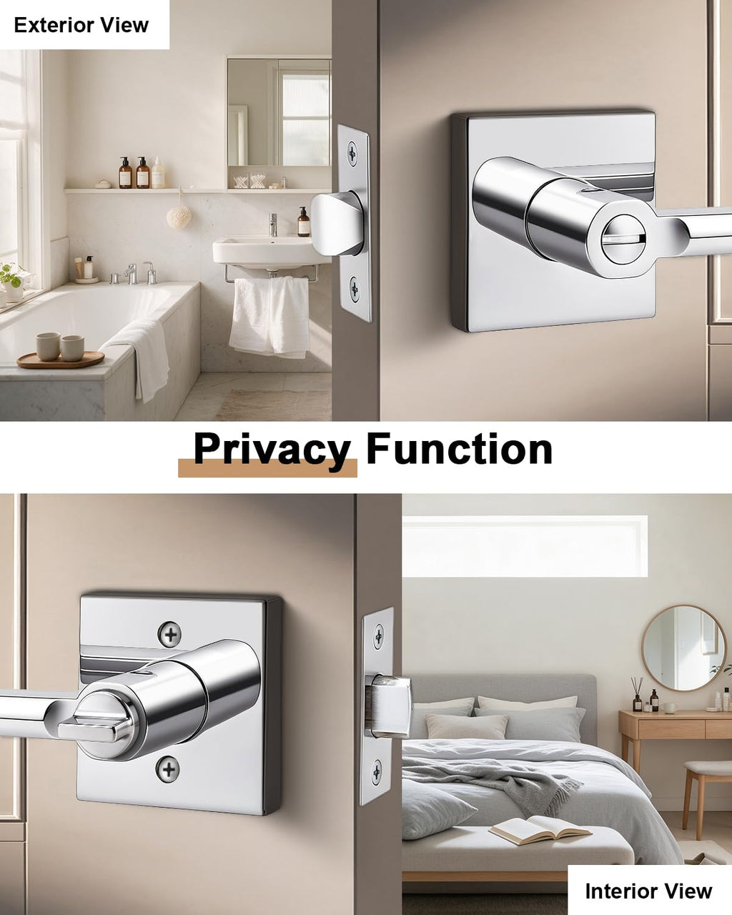 2 Pack Interior Privacy Door Handles, Polished Chrome Heavy Duty Levers with Lock Bathroom, Square Lockset Upgrade