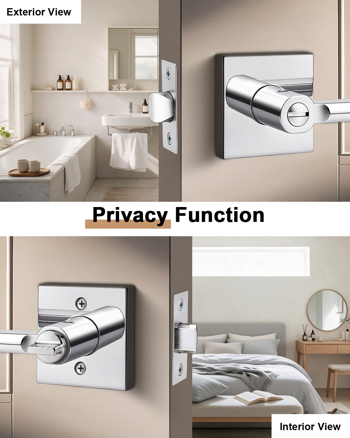 2 Pack Interior Privacy Door Handles, Polished Chrome Heavy Duty Levers with Lock Bathroom, Square Lockset Upgrade