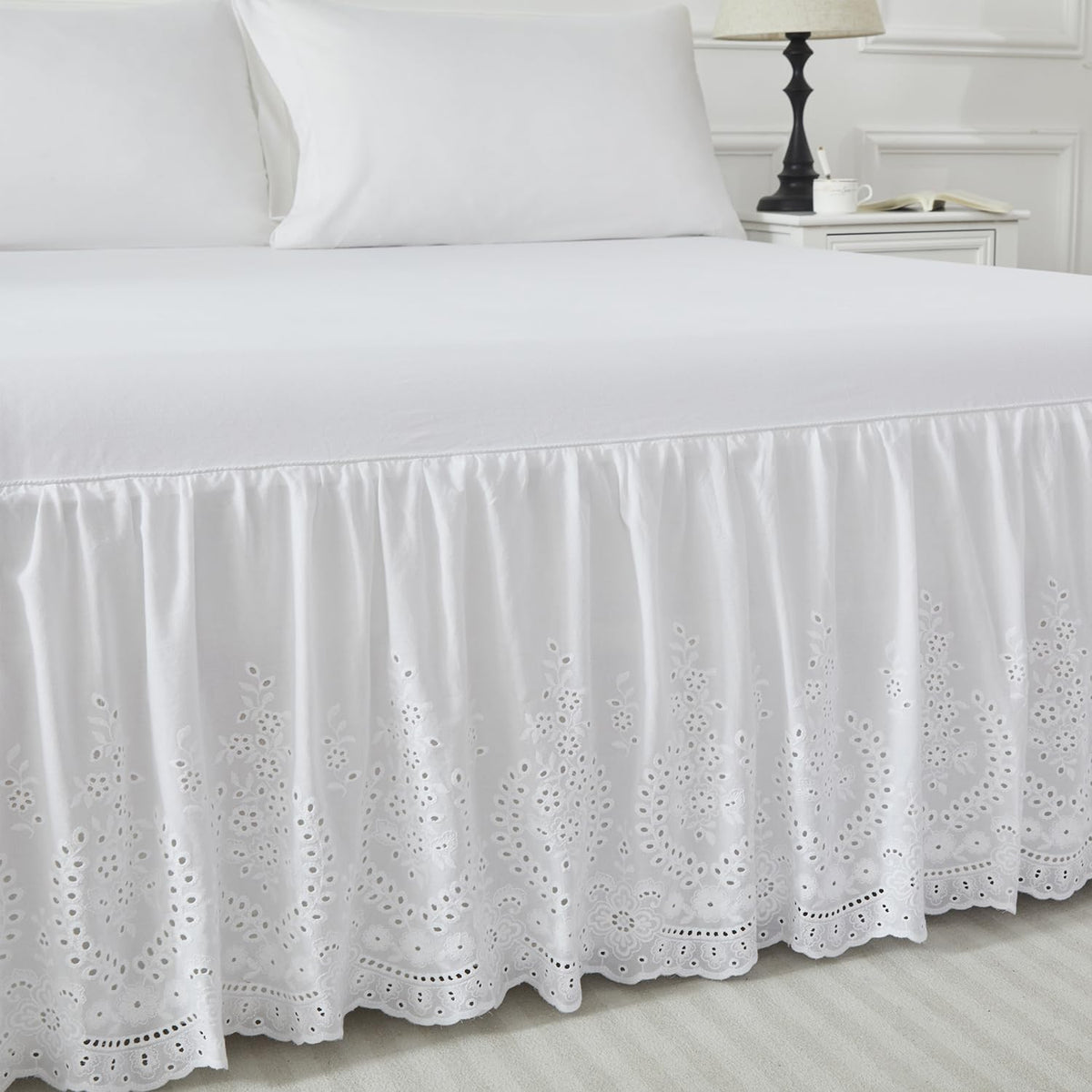 White Eyelet Bed Skirt Queen Size 100% Cotton Ruffled Dust Ruffle Bed Skirt 18 Inch Drop with Embroidered Floral