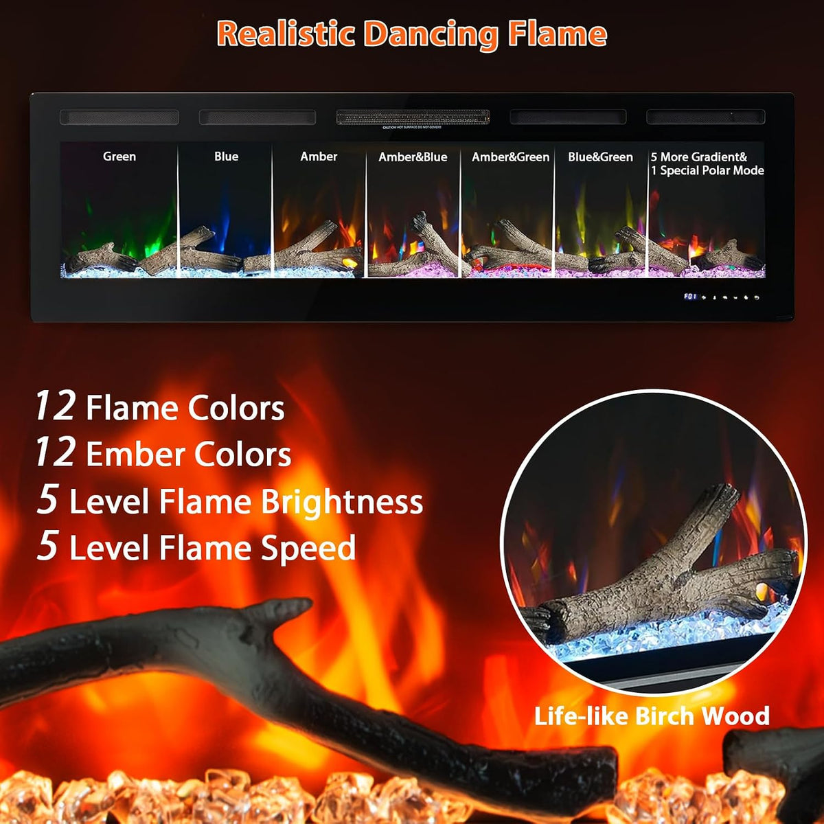 50 Inch Electric Fireplace Insert & Wall Mounted, Smart WiFi/Alexa Control, 1500/750w Heater, 12 Flame Colors, Remote