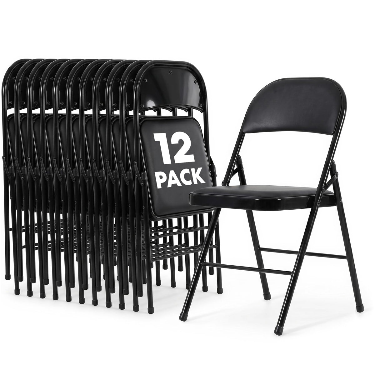 Black Foldable Chairs with Cushion, 12-Pack Padded Folding Chairs for Indoor/Outdoor Parties, Events, Weddings, and