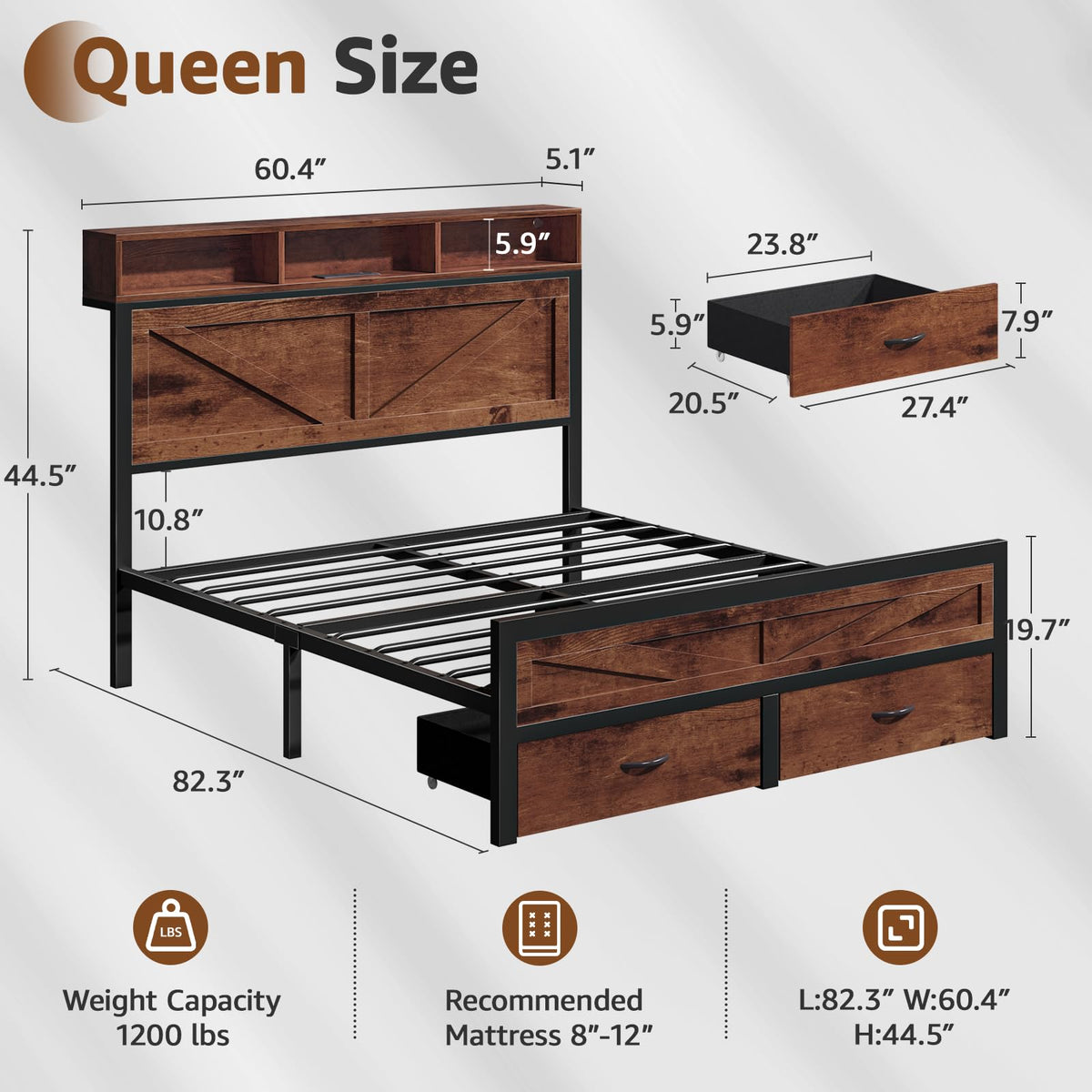 Rustic Bed Frame with Storage Drawers, Farmhouse LED Bed Frame with Barn Door Headboard and Charging
