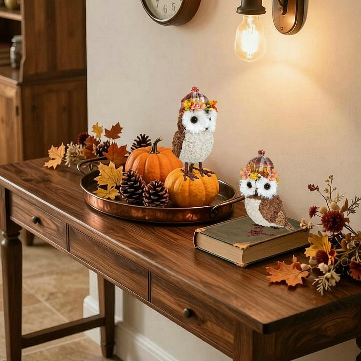 7.9 Inches Set of 2 Sisal Owl Decor in Hat for Fall Home Decor