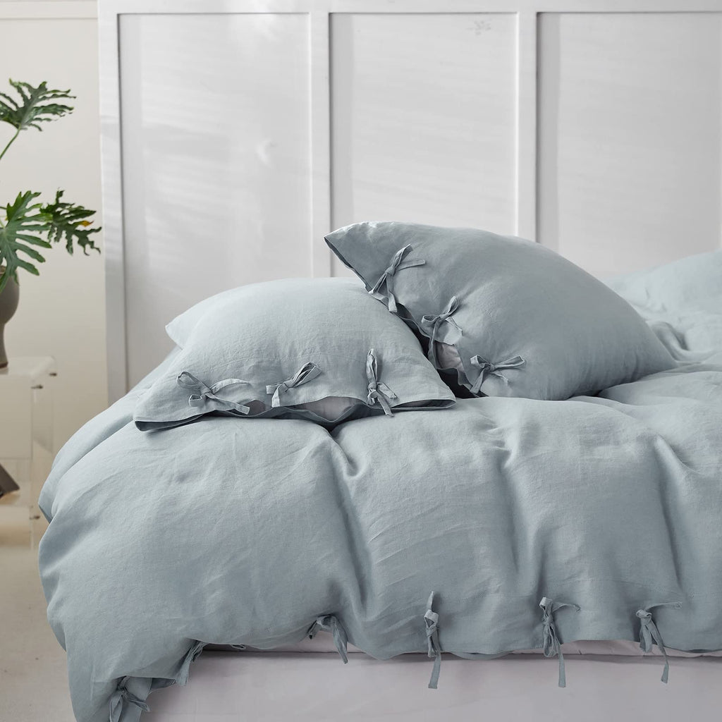 100% Linen Duvet Cover Set 3pcs with Bowknot Ties Closure Natural French Washed Flax Solid Color Soft Breathable