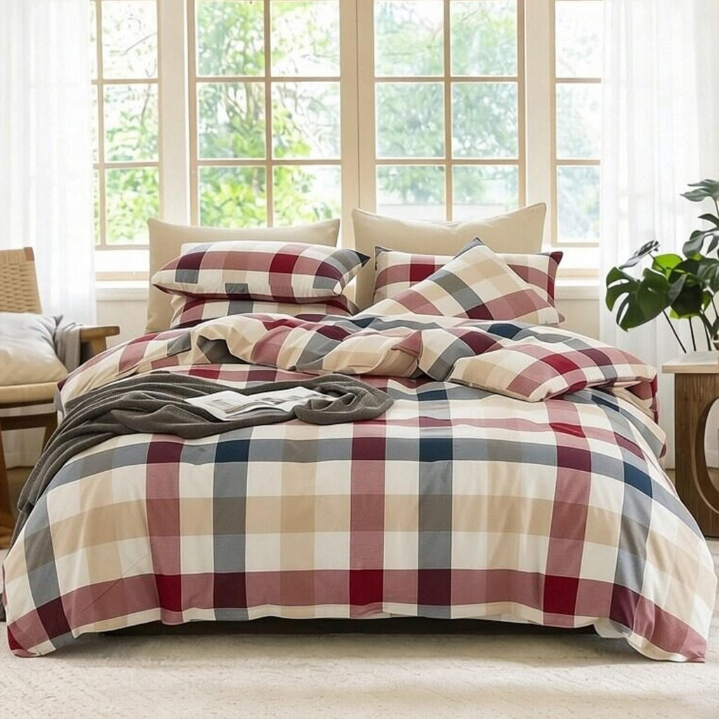 Buffalo Plaid Duvet Cover Set 3 Piece 100% Washed Cotton Linen Feel Farmhouse Bedding Comfy Breathable (Red Blue