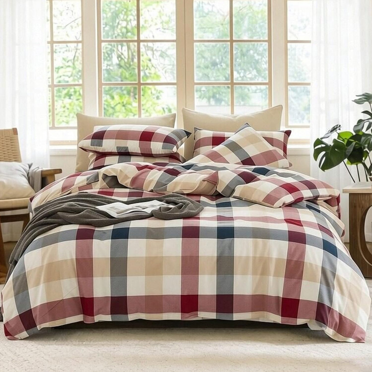 Buffalo Plaid Duvet Cover Set 3 Piece 100% Washed Cotton Linen Feel Farmhouse Bedding Comfy Breathable (Red Blue