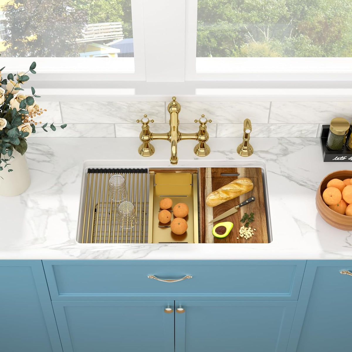 32 Granite Composite Kitchen Sink - 32 x 19 Inch Granite Undermount Kitchen Sink Ledge Workstation Under-Mount White