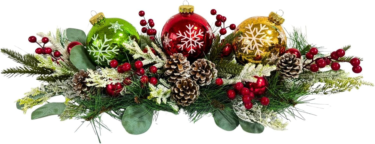 Lighted Christmas Centerpiece with 3 Snowflake Ball Ornaments