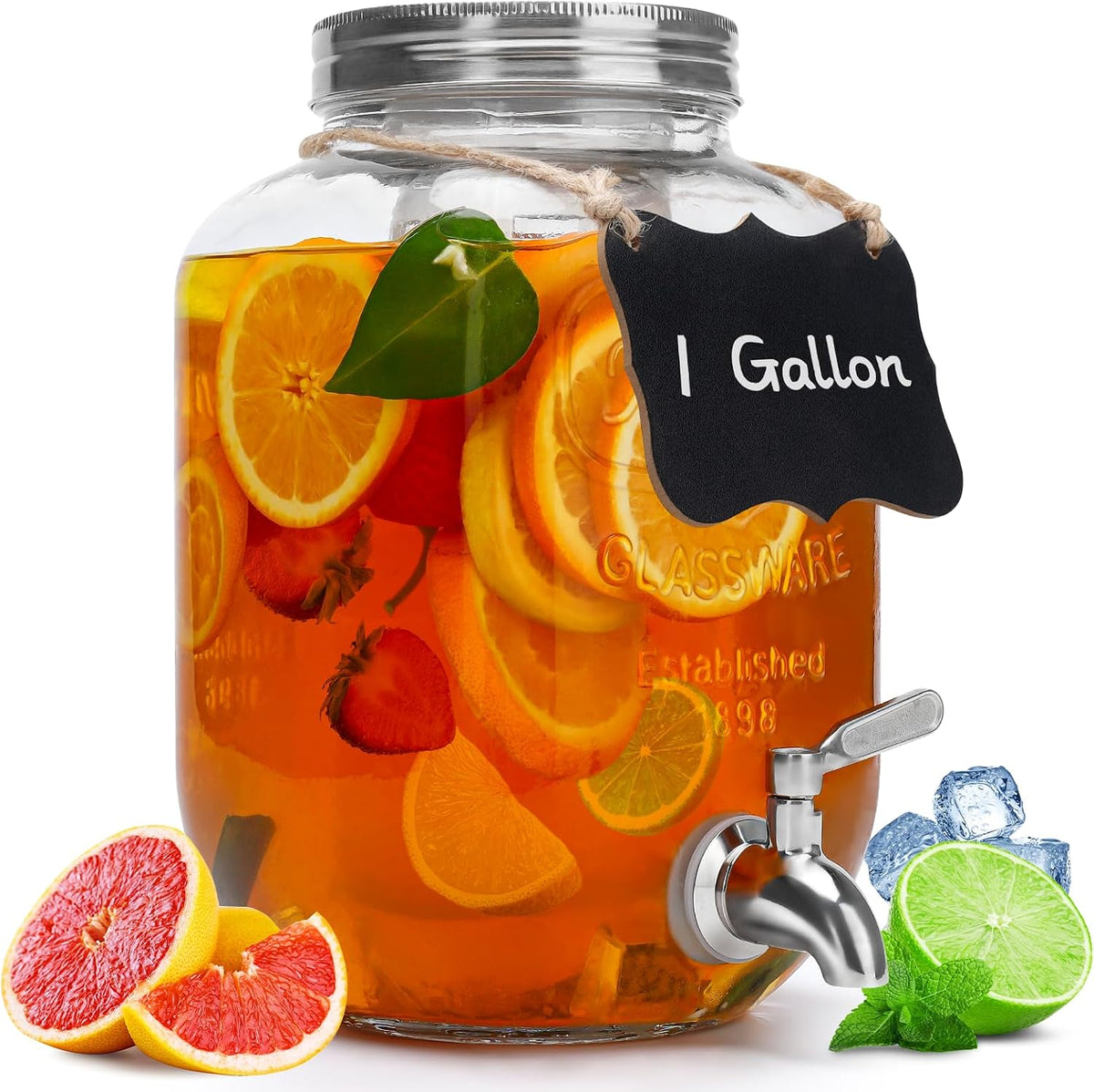 1 Gallon with Lid, Stainless Steel Spigot, for Parties, Lemonade Dispenser With Ice Cylinder for Weddings, Party,Sun
