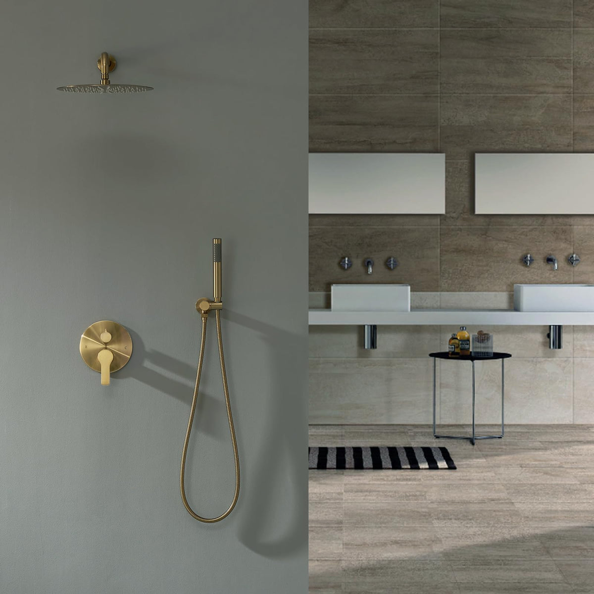 Brushed Gold Shower System Wall Mounted Shower Faucet Mixer Set with 12 Inches Rain Shower head and Handheld