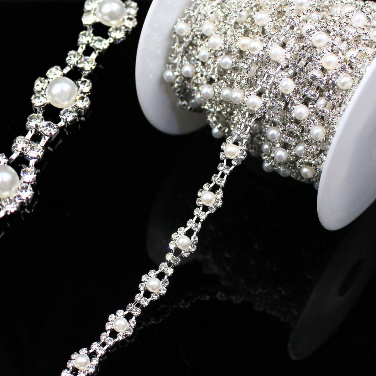 Pearl Trim Chain Rhinestone Silver String Crystal Applique Fringe Ribbon Strips Beads Sewing Dress DIY Party - 2 Yard