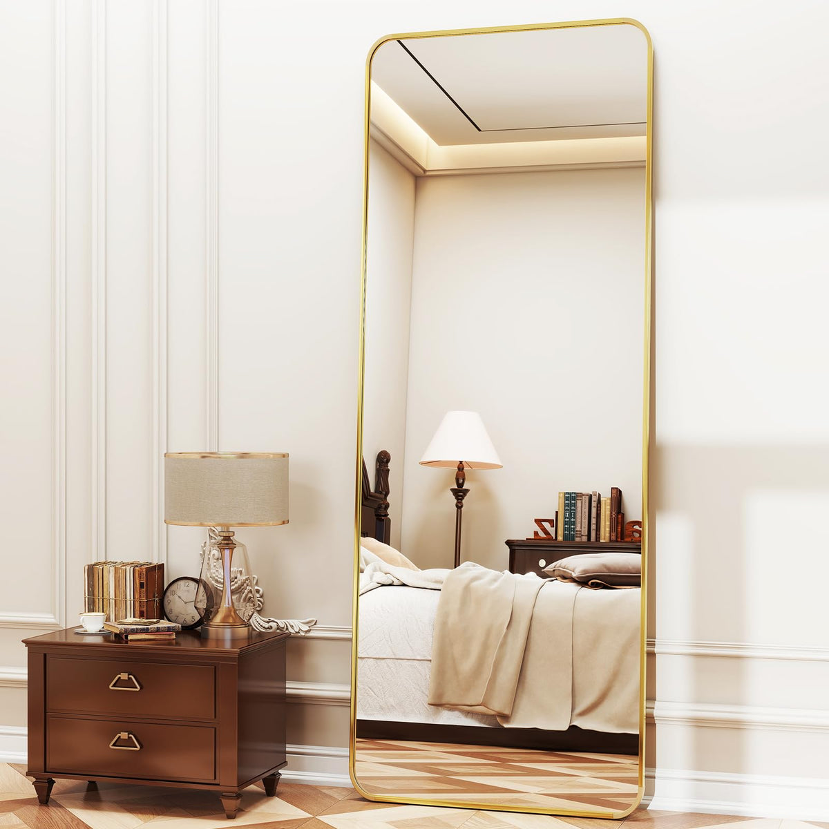 Full Length Mirror 23"x66", Large Floor Mirror with Rectangle Rounded Corners, Gold Aluminum Alloy Frame, Wall Mirror
