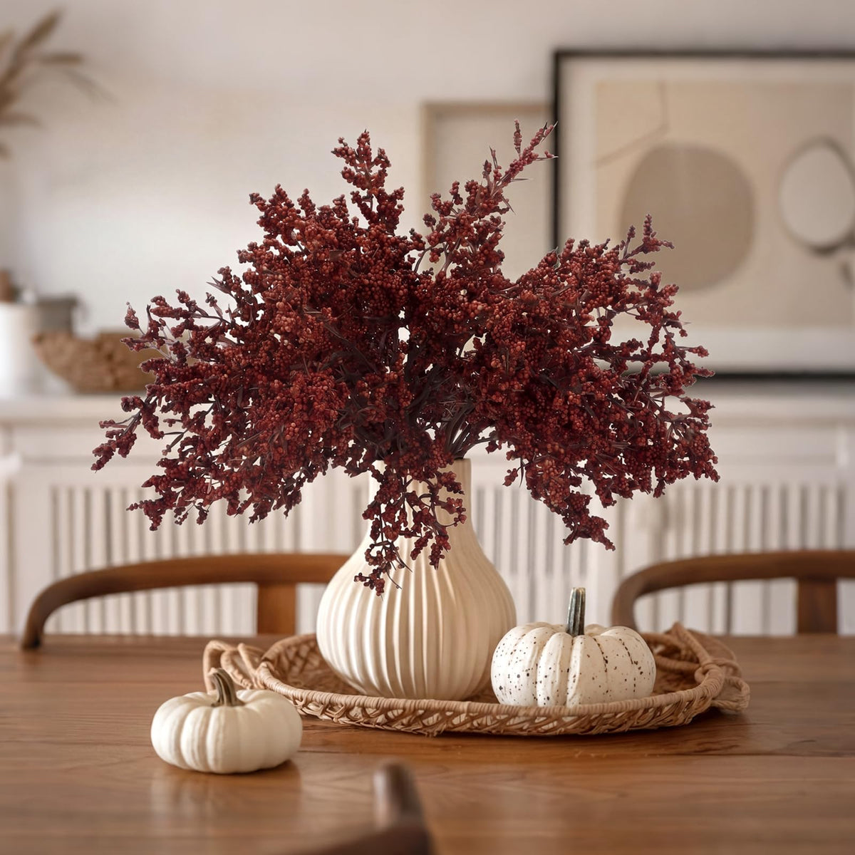 6 Pack Artificial Fall Stems with Leaves, Neutral Picks, Burgundy Berries Stem