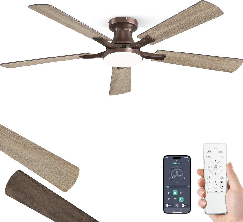52" Brown Flush Mount Ceiling Fan with Light & Remote