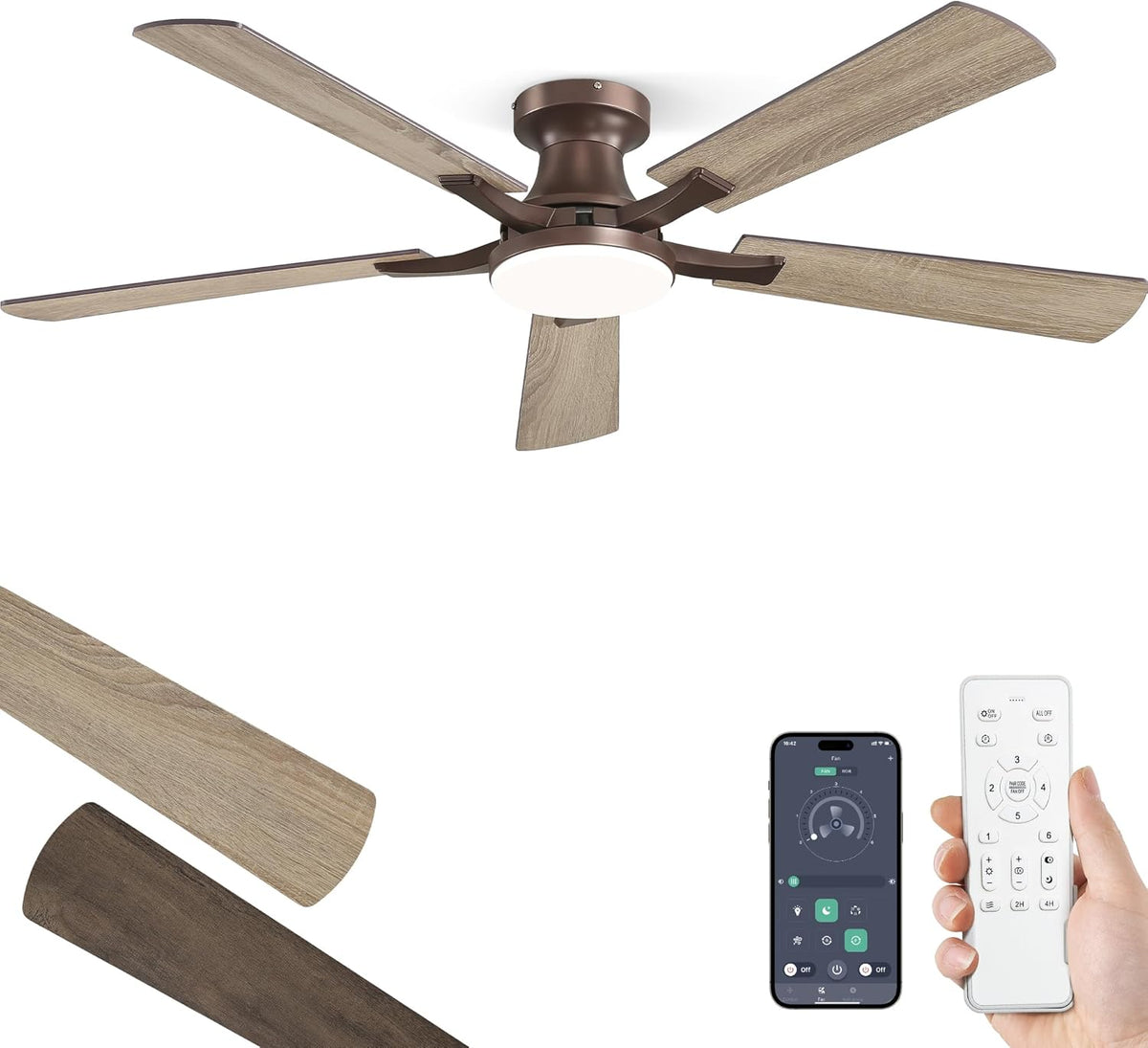 52" Brown Flush Mount Ceiling Fan with Light & Remote