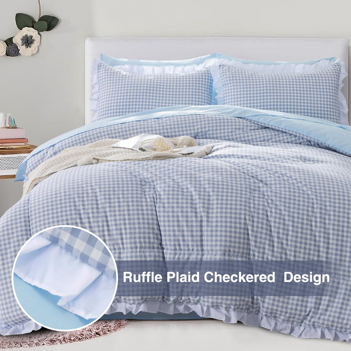 Blue Plaid Ruffle Comforter Sets 5Pcs Bedding