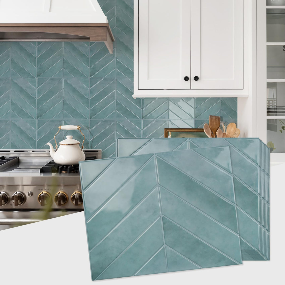Herringbone Peel and Stick Backsplash, Blue Teal, 10 Sheets