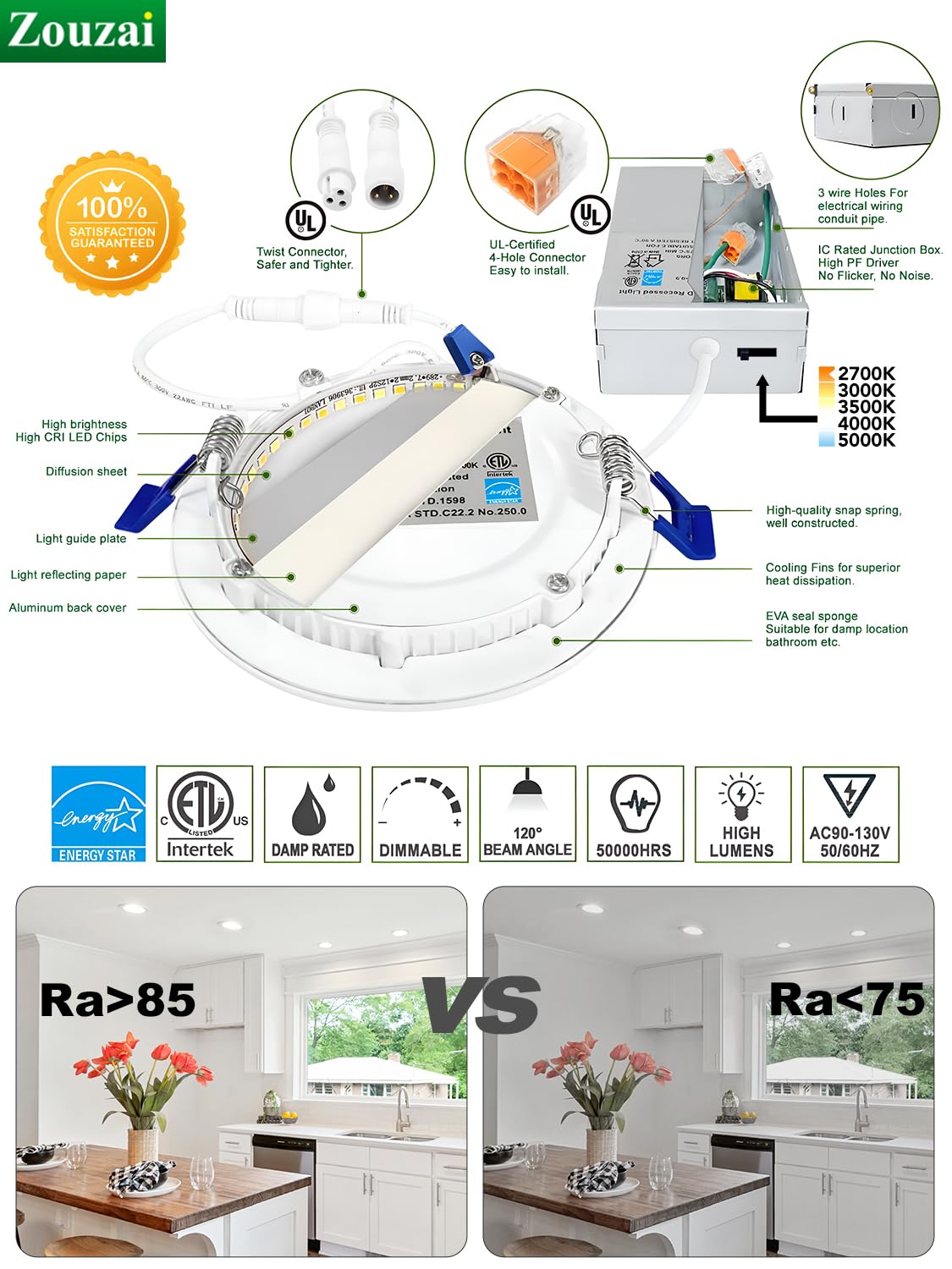 6 Pack 4 Inch LED Recessed Ceiling Light, 810LM, 5CCT, Dimmable