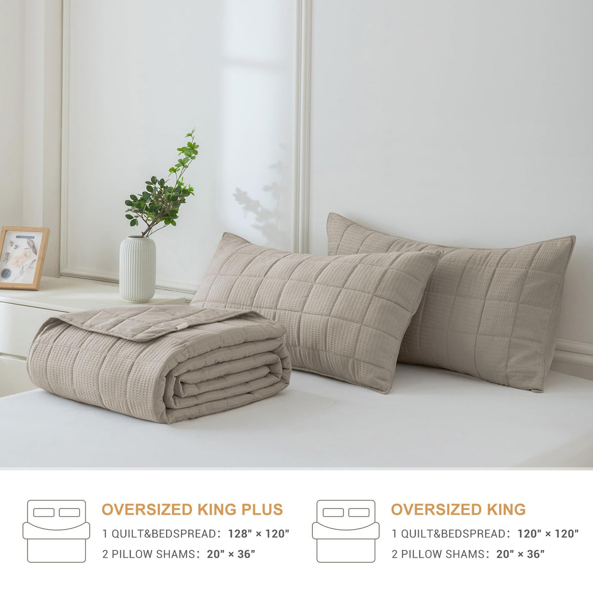 Quilt Bedding Set(Dark Khaki, 128"x120"), Luxury Waffle Weave Throw Quilt, Soft Lightweight Bedspread