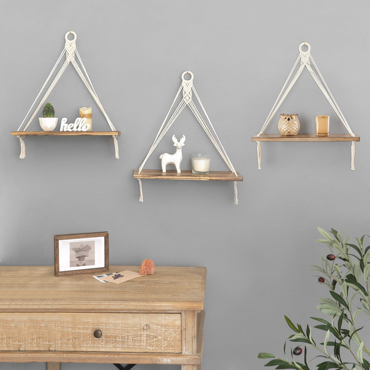 Macrame Hanging Shelves Boho Wall Decor Set of 3 Floating Wood Shelf