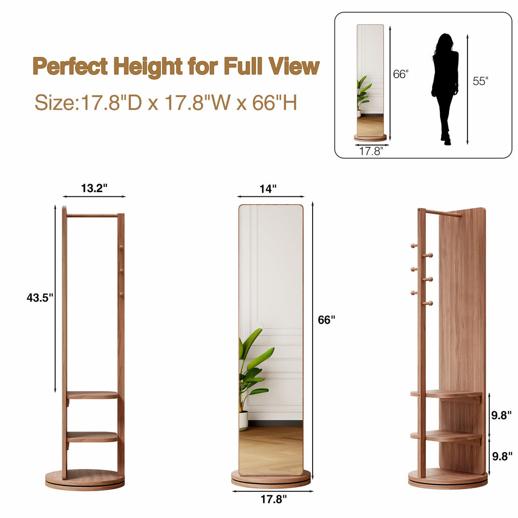 Full Length Mirror with Coat Rack & Storage, 360° Rotating Solid Wood Standing Floor Mirror with Shelves, Dressing