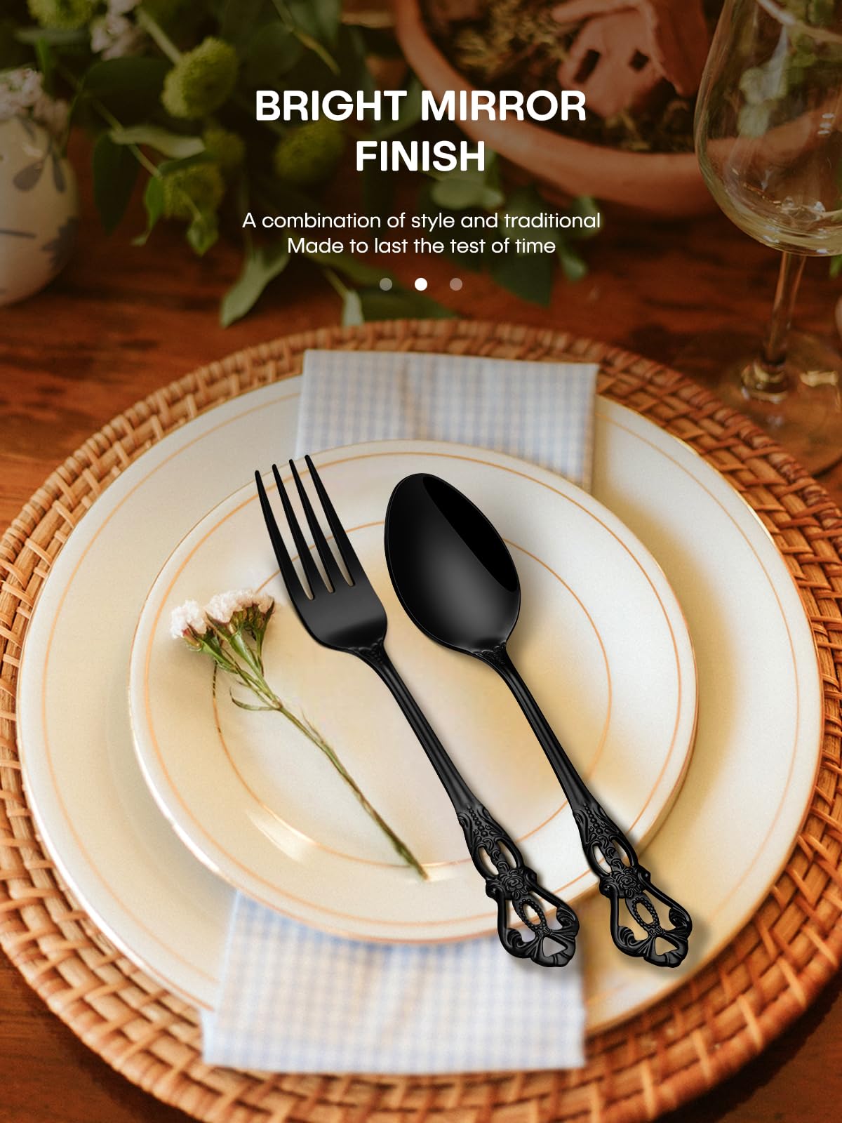 30 Pcs Black Silverware Set, Gorgeous Retro Royal Silverware Set for 6, Stainless Steel Mirror Flatware Cutlery Set