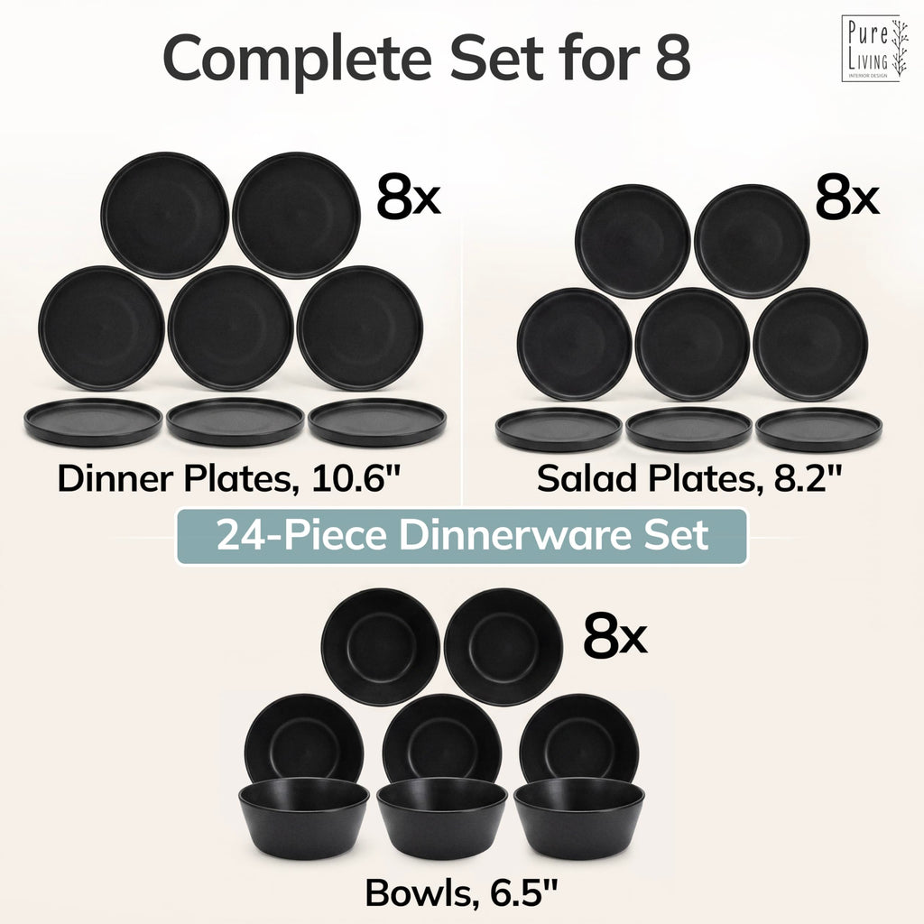 24 Piece Black Dinnerware Set for 8, Stoneware Black Plates and Bowls Set