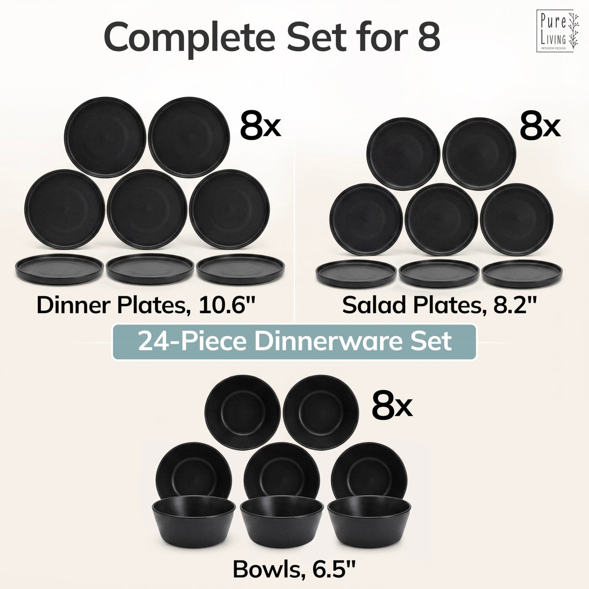 24 Piece Black Dinnerware Set for 8, Stoneware Black Plates and Bowls Set