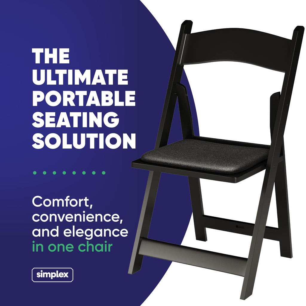 Resin Folding Chairs, Padded Seat, 800 lb, Black, 8 Pack