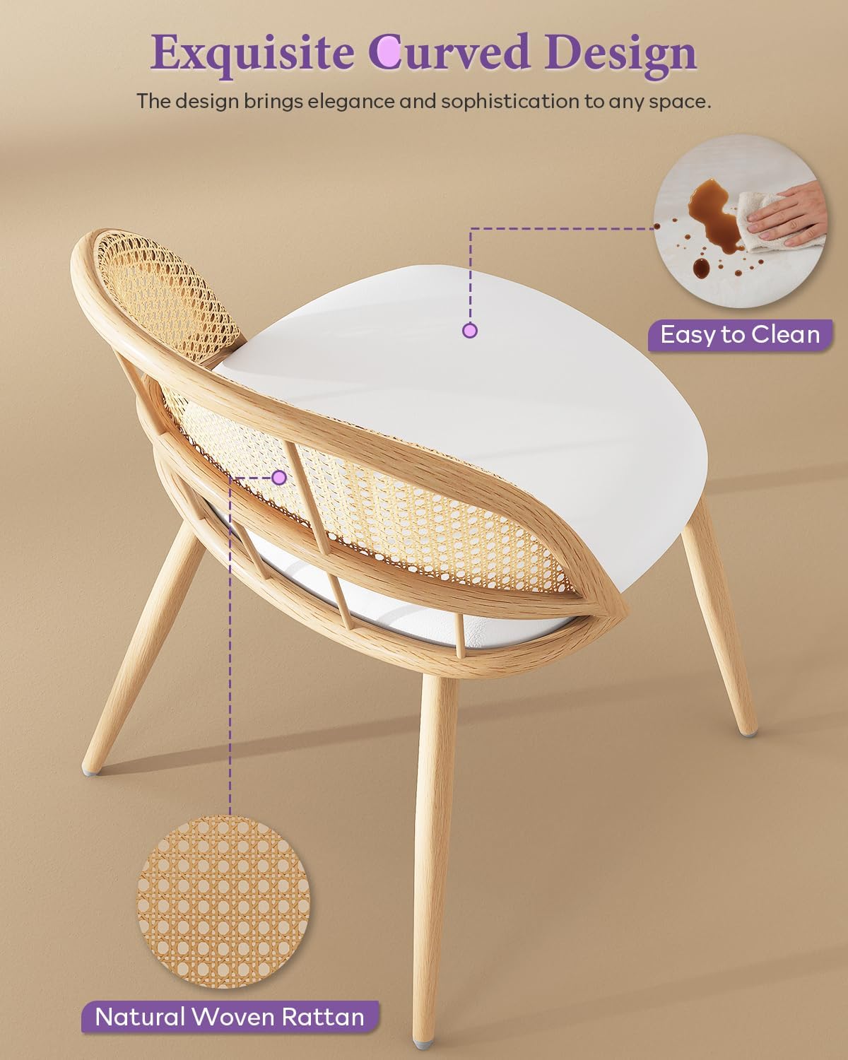 Rattan Dinner Chairs Set of 4 with Faux Leather Cushion, Modern Dining Room Chairs w/Adjustable Foot Pads, Kitchen