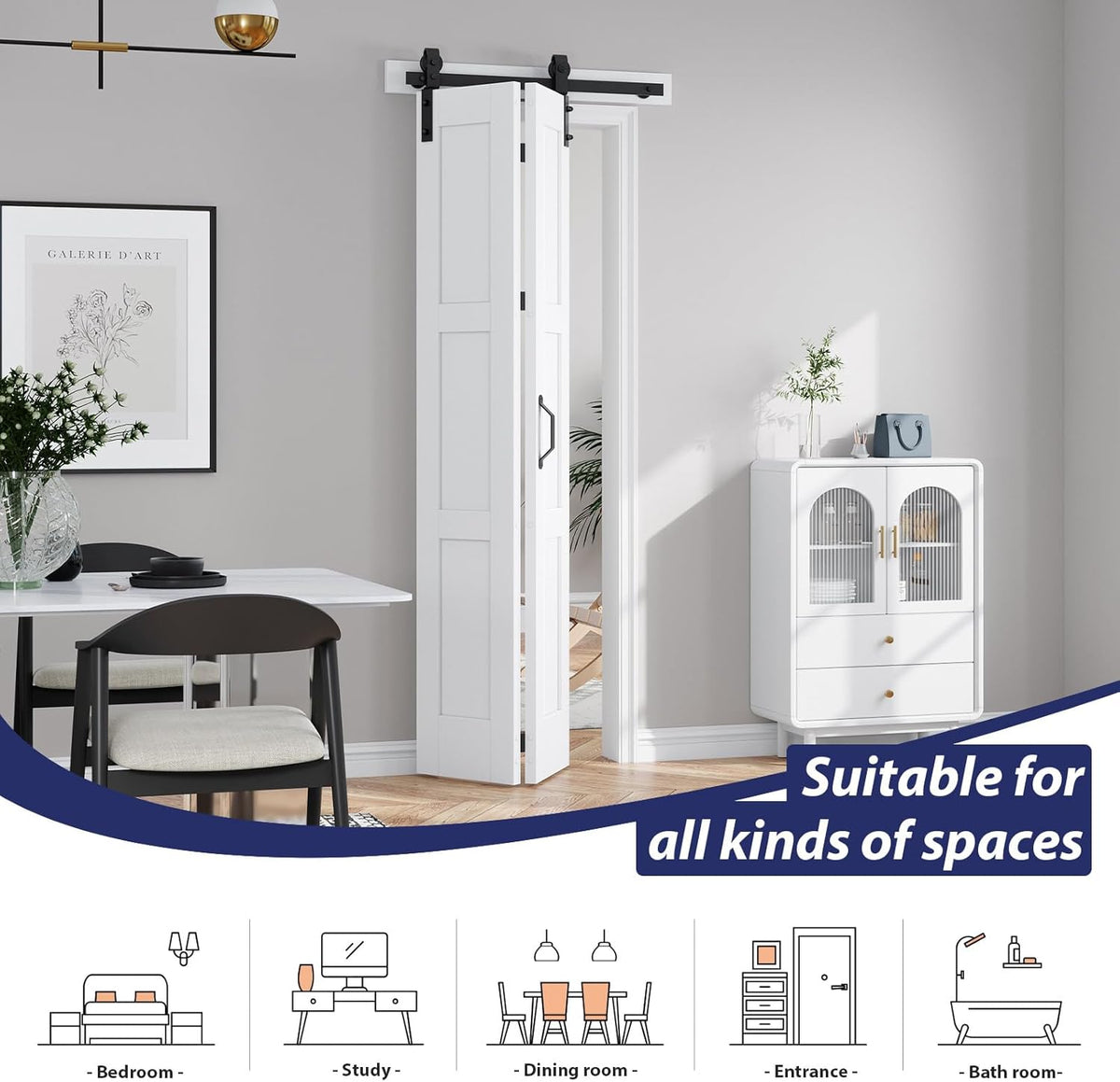 30X84(Double 15x84) White Bifold Barn Door Sliding Bi fold Doors Bi-fold Folding with 34" Hardware Kit & Handle,Solid