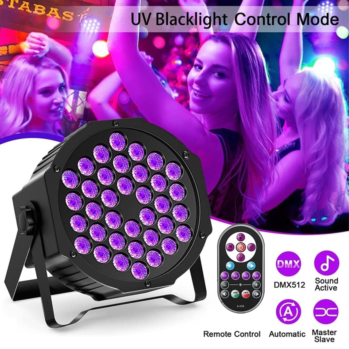 36LED Black Lights, 72W UV Stage Lights Blacklight with Glow in The Dark Party Supplies by DMX and Remote Control for