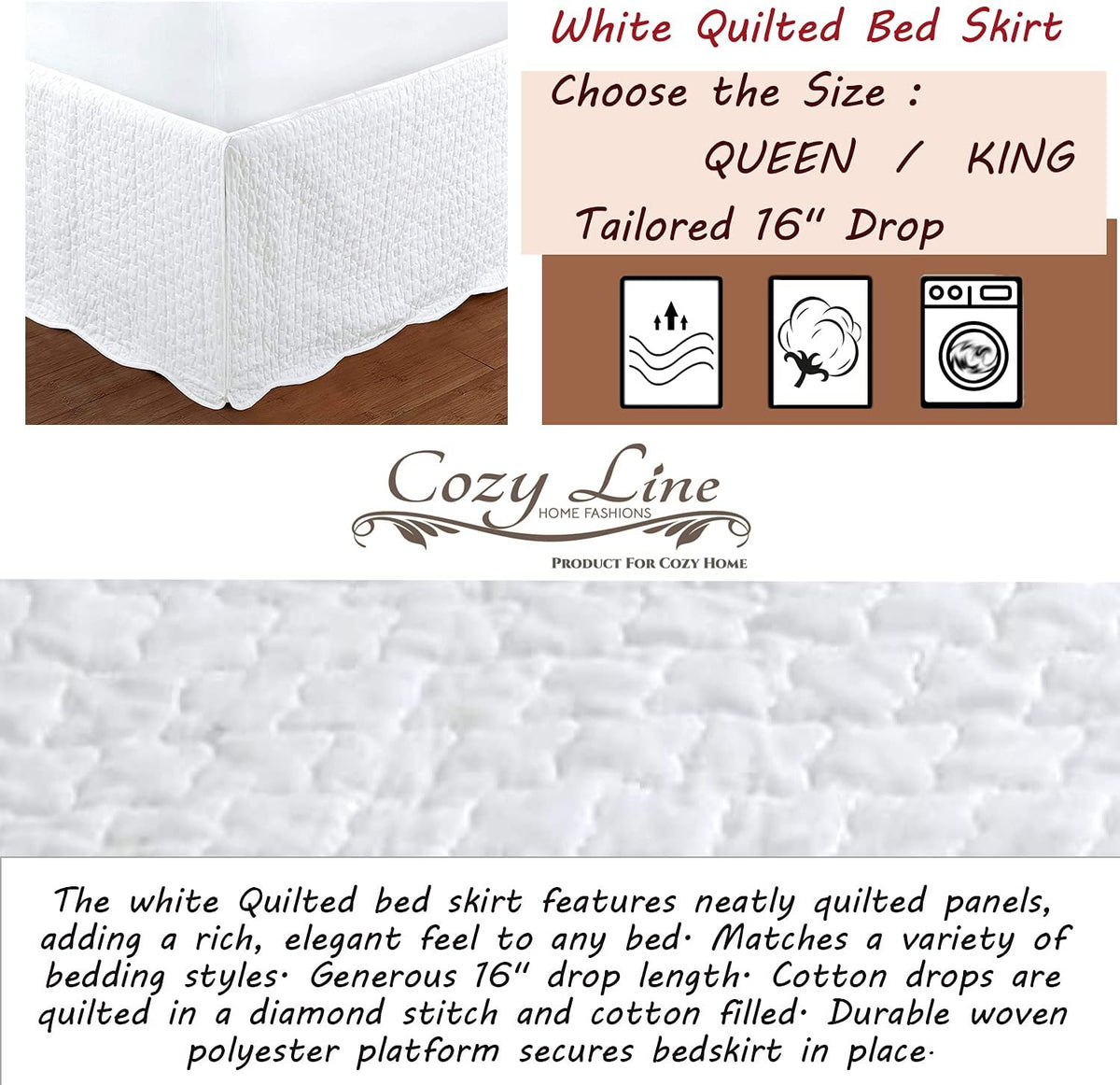 White Quilted Bed Skirt Dust Ruffle Matelasse Tailored 16" Drop (Queen)