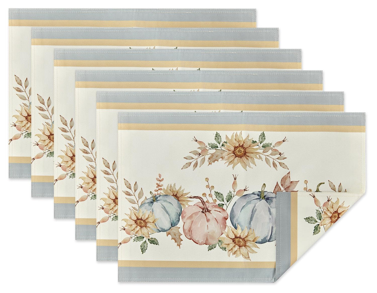 Blue Pumpkin Bordered Thanksgiving Tabletop, Stonewashed Fall Pumpkin and Sunflower Cottage Print Easy Care Fabric