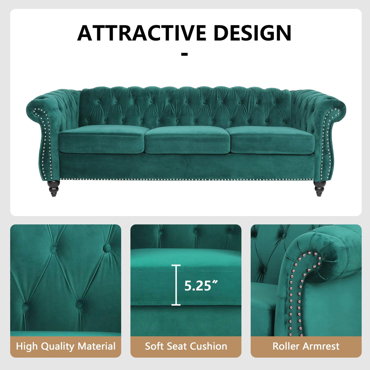Accent Large Sofa, Chesterfield Couch 3 Seater Modern Velvet Couch Upholstered Sofa with Tufted Back Furniture (Green)