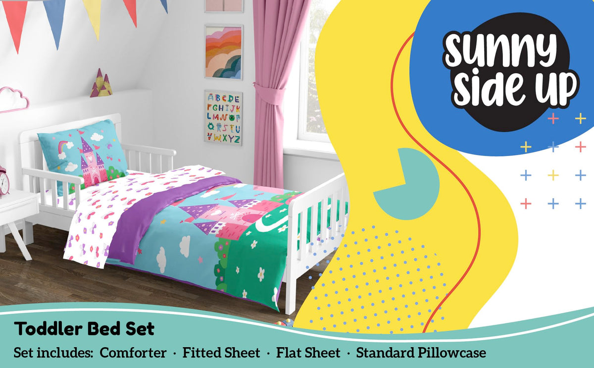 Magic Castle Toddler Comforter Set - 4 Piece Preschool Bedding Includes Comforter, Sheets & Pillow Cover - Super Soft