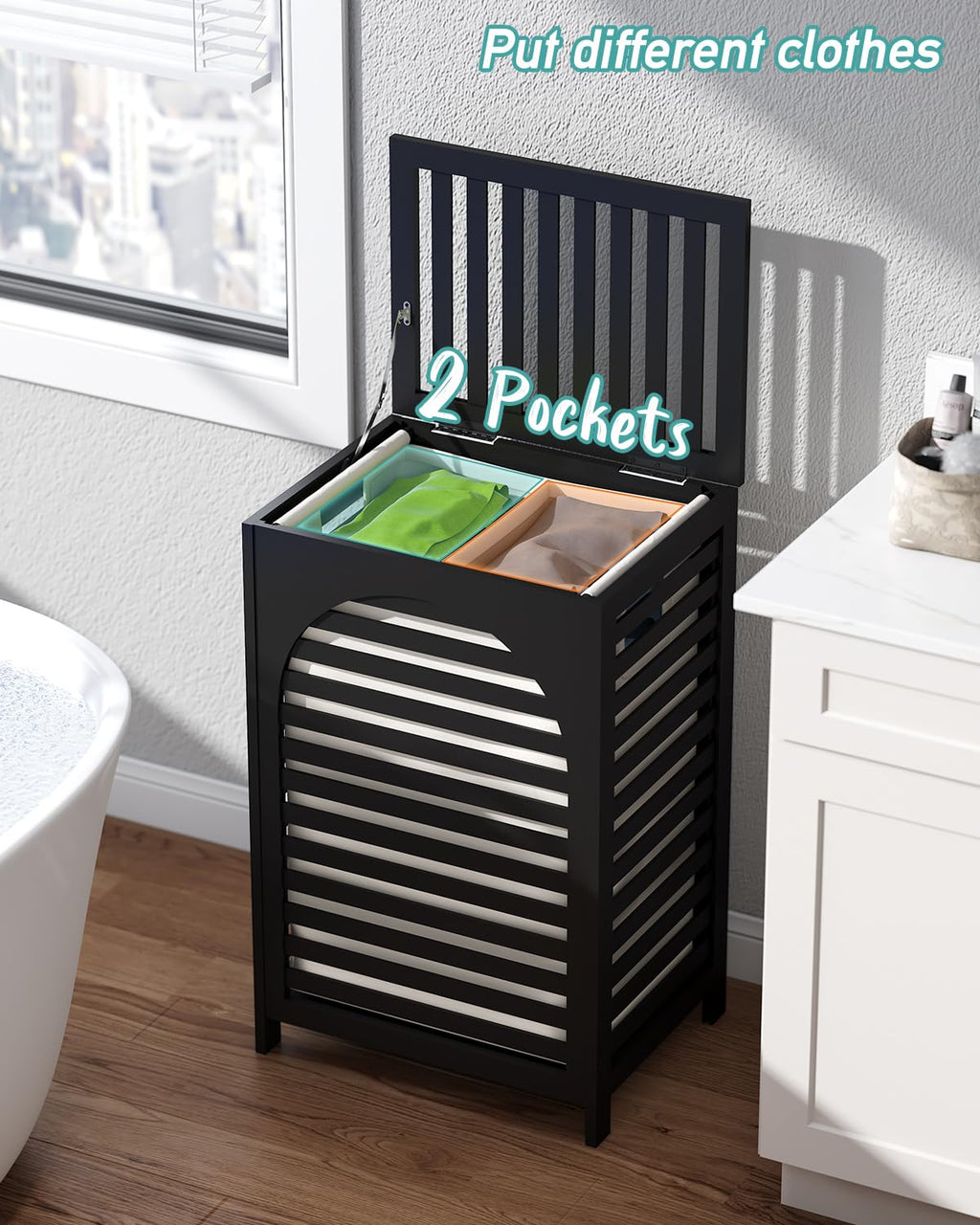 Hamper, 22.5 Gallon (85L) Bamboo Wood Clothes Laundry Basket with Lid and Handles, Removable Liner (Black, Large)