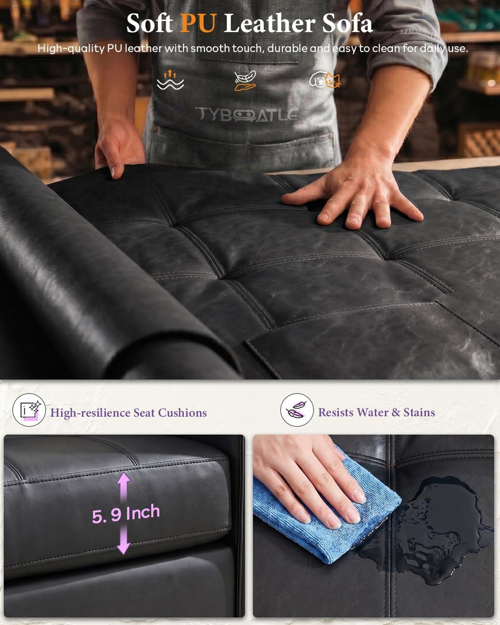 Black Faux Leather Sectional Couch, 3-Piece Sofa Set