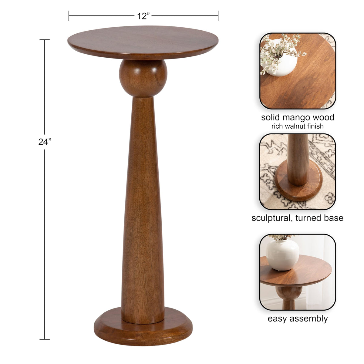 Inspired Saarinen Style Jakob Modern Wooden Round Side Table; 12 x 24; Walnut Brown; Circle Pedestal Table for Use as Bedroom Nightstand;
