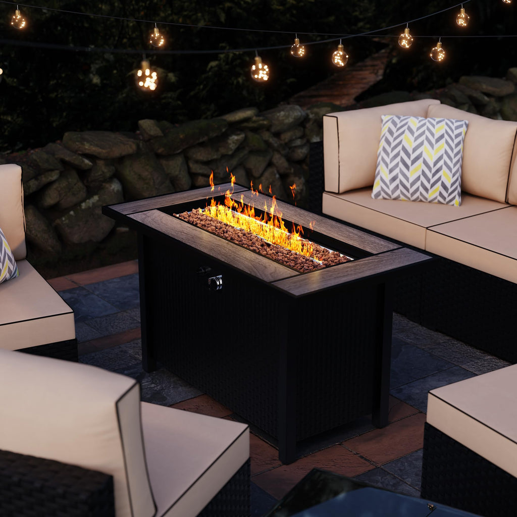 45in Fire Table, Propane Fire Pit with Red Lava Rocks and Rain Cover, Outdoor Firepit Table with Tile Top 50000 BTU