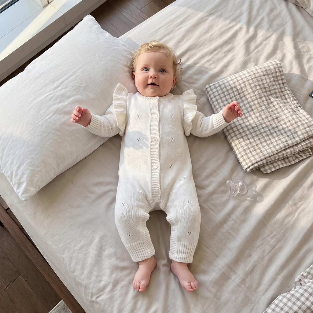 Newborn Girl Outfit Baby Ruffle Knit Romper Jumpsuit White