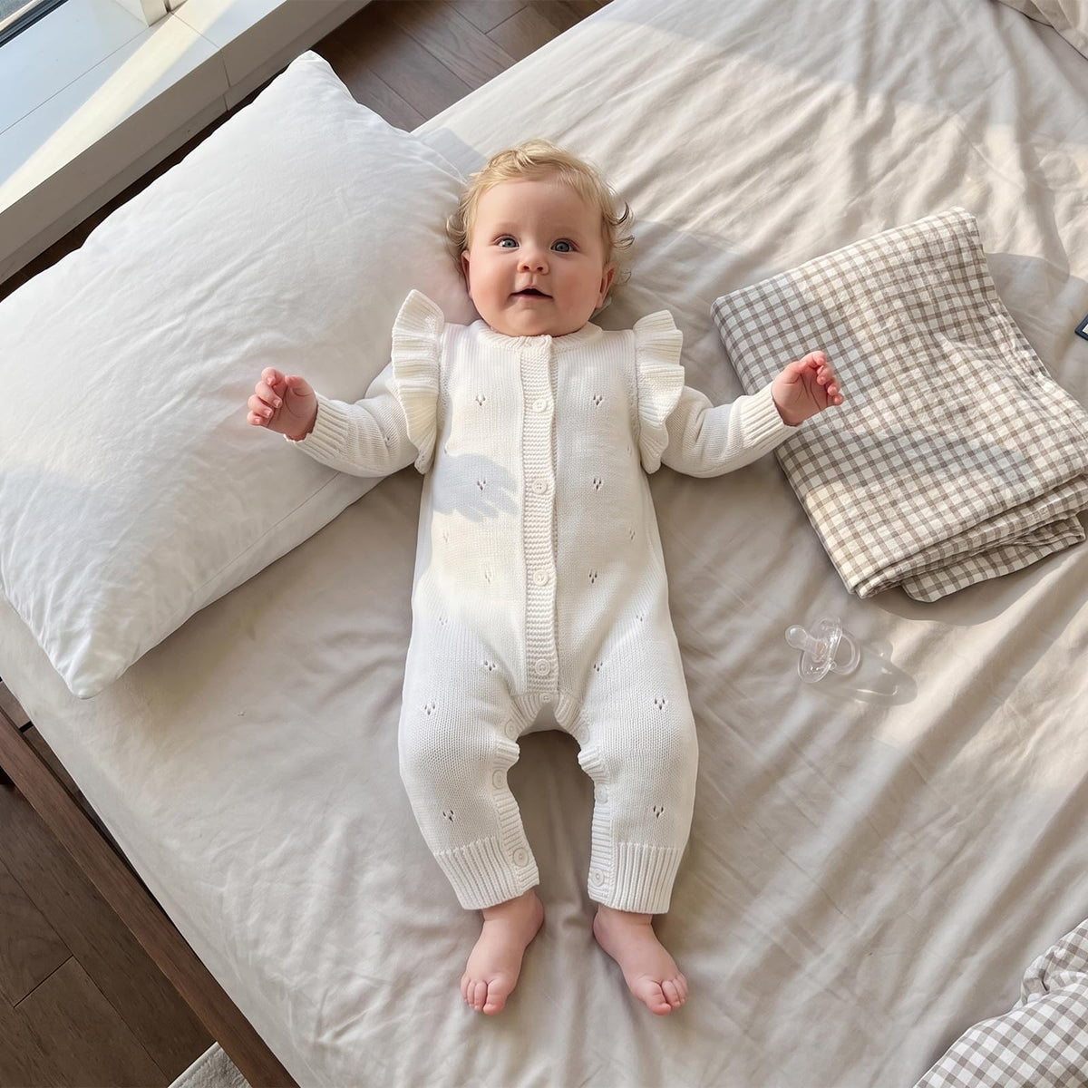 Newborn Girl Outfit Baby Ruffle Knit Romper Jumpsuit White