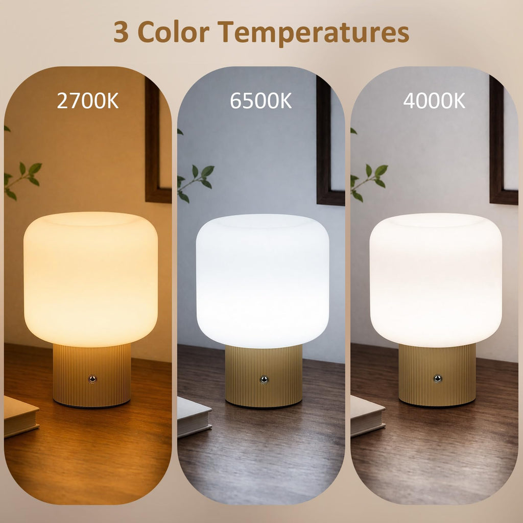 Cordless Rechargeable Mushroom Table Lamp with 3 Color Temps LED Dimmable