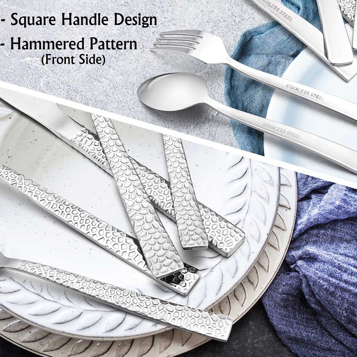 80-Piece Hammered Silverware Set, Stainless Steel Square Flatware Set Service for 16, Tableware Cutlery Set Includes