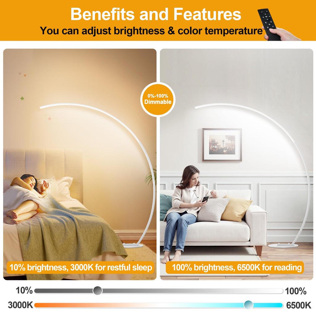 Ultra-Wide Coverage LED Lamps with 3 Color Temperatures, White Dimmable Arc Floor Lamps, Modern Standing Tall