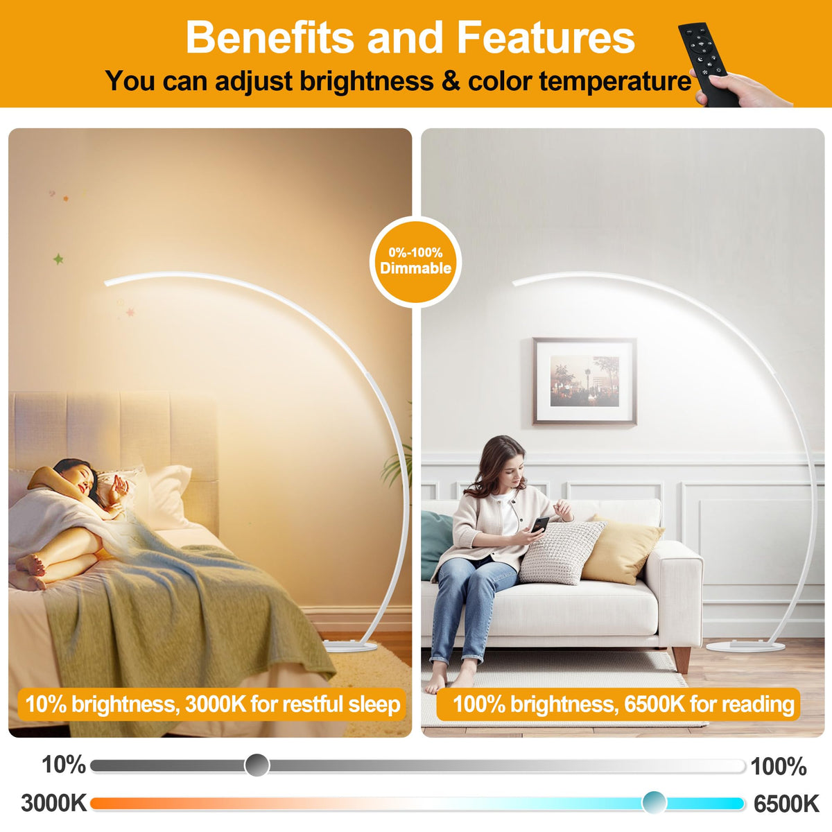 Ultra-Wide Coverage LED Lamps with 3 Color Temperatures, White Dimmable Arc Floor Lamps, Modern Standing Tall