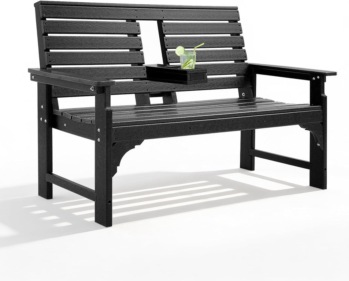 Outdoor Bench, HDPE 2-Person Garden Bench with Cup Holders | Weatherproof Patio Bench with Backrest & Armrests, 700