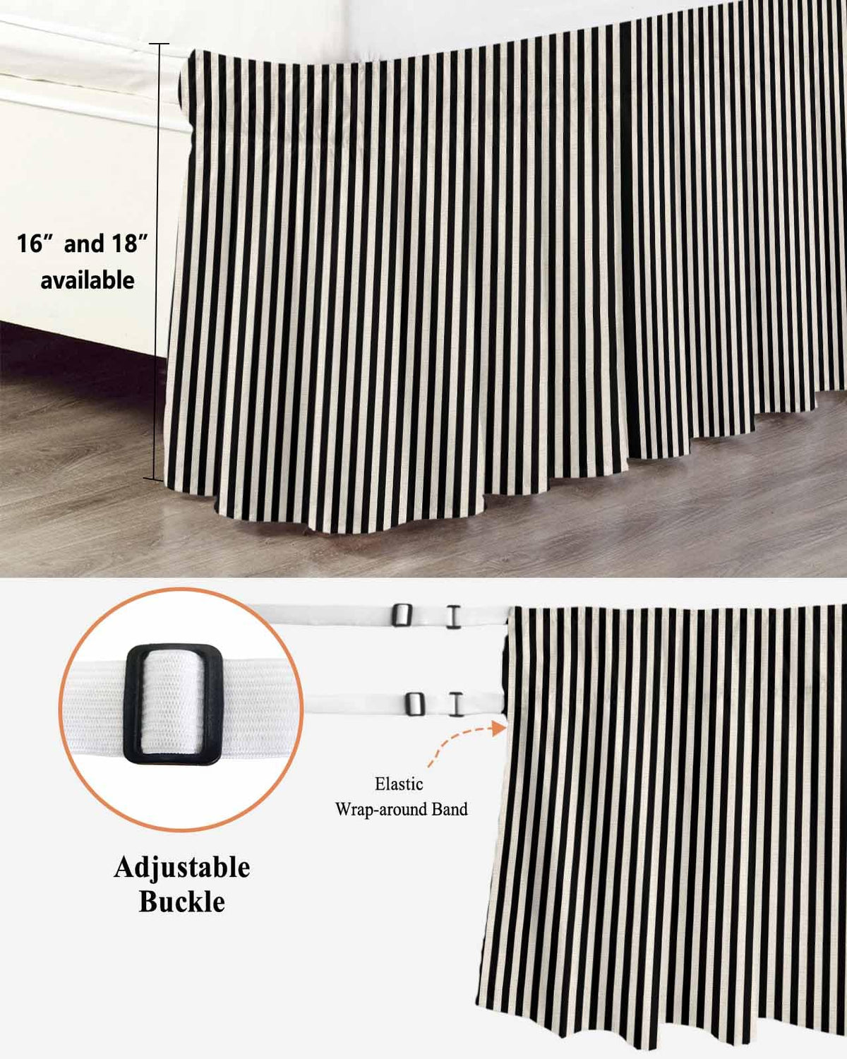 Bed Skirt Black Stripes Bedskirt 18 Inch Drop Linen Classic Vertical Striped Elastic Wrap Around Bed Skirts Dust