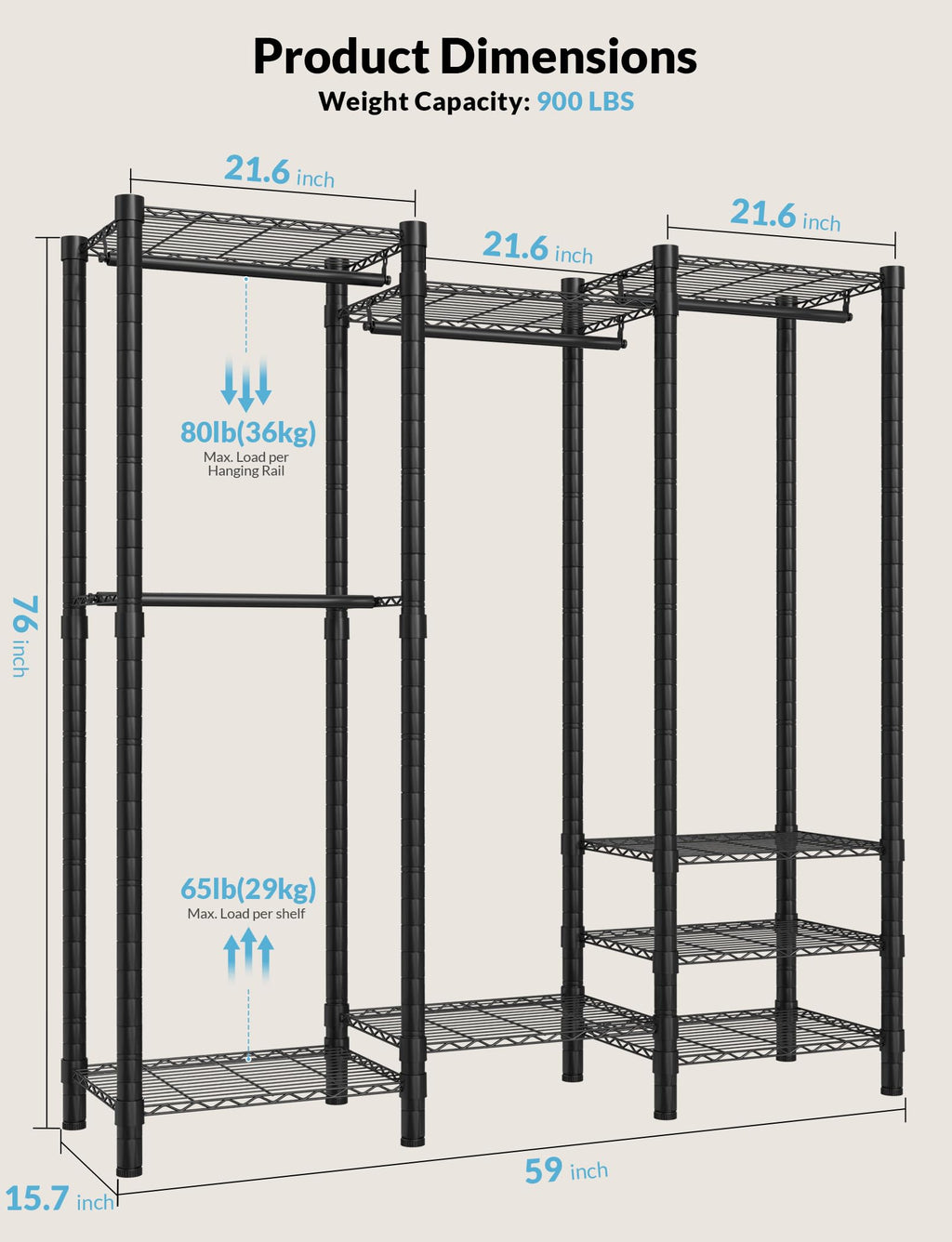 Heavy Duty Clothes Rack, Metal Garment Rack with 8 Shelves & 4 Rods