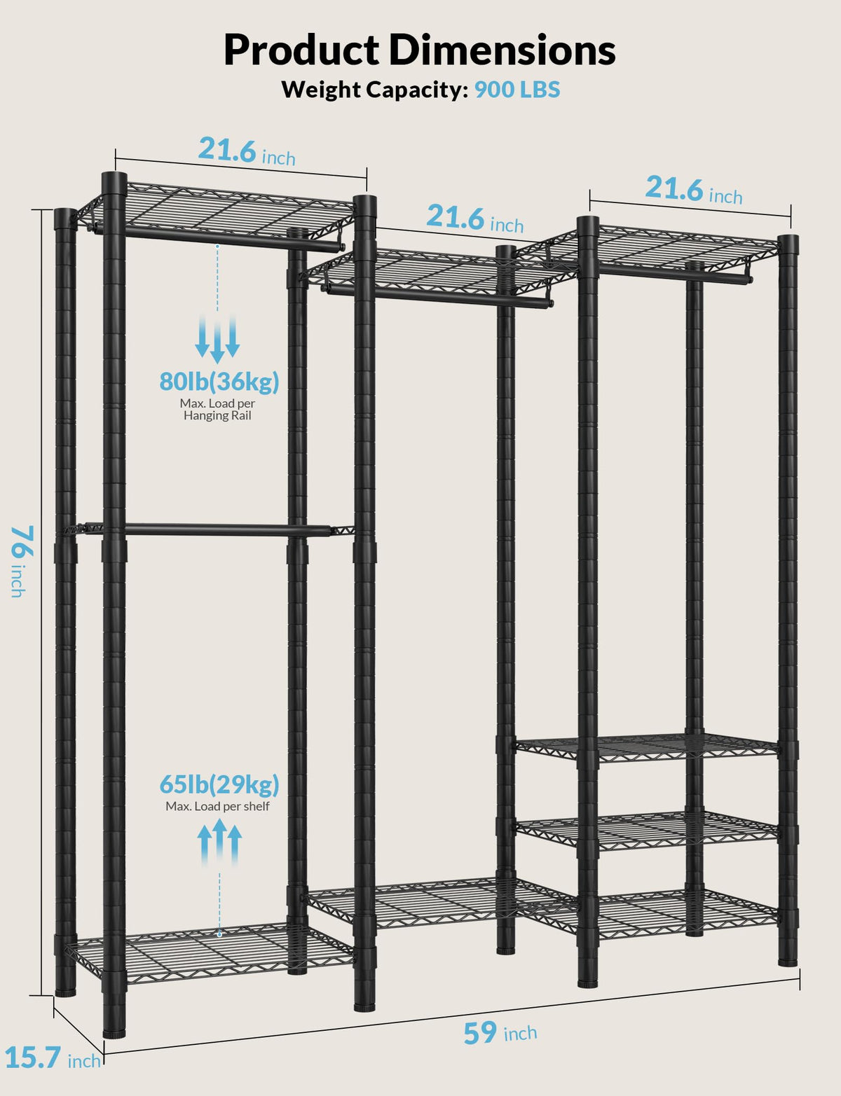Heavy Duty Clothes Rack, Metal Garment Rack with 8 Shelves & 4 Rods